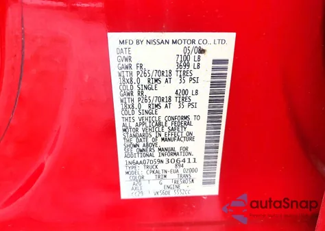 2009 Nissan Titan Xe z USA, uszkodzony, nr VIN 1N6AA07D59N306411